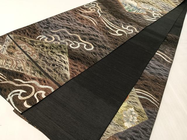 平和屋着物▽六通柄袋帯　スリーシーズン　春夏秋　すくい織　立波千鳥花文　黒地　金銀糸　正絹　逸品　CABL6163vp