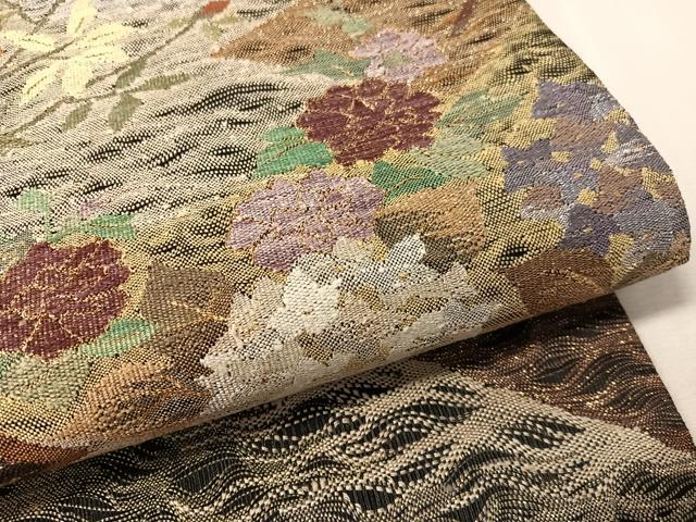平和屋着物▽六通柄袋帯　スリーシーズン　春夏秋　すくい織　立波千鳥花文　黒地　金銀糸　正絹　逸品　CABL6163vp