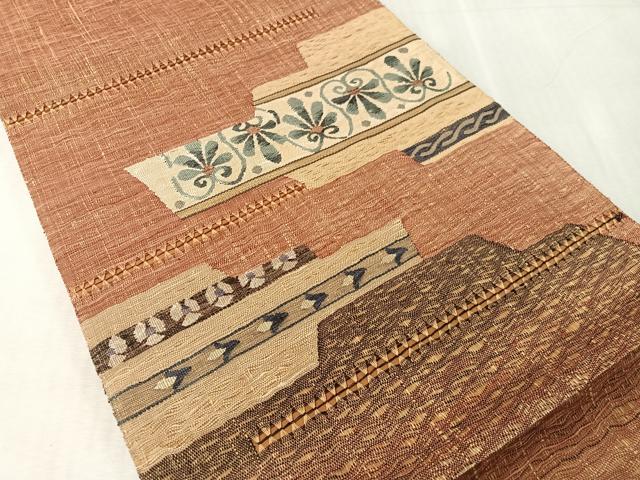 平和屋着物▽太鼓柄袋帯　スリーシーズン　春夏秋　すくい織　幾何学花文　正絹　逸品　CABL6164vp