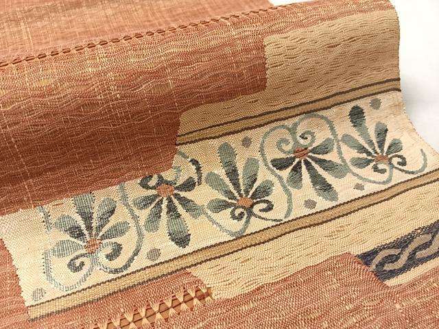 平和屋着物▽太鼓柄袋帯　スリーシーズン　春夏秋　すくい織　幾何学花文　正絹　逸品　CABL6164vp