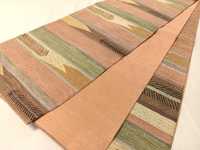 平和屋着物▽両面　六通柄袋帯　スリーシーズン　春夏秋　すくい織　幾何学文様　正絹　逸品　CABL6170vp
