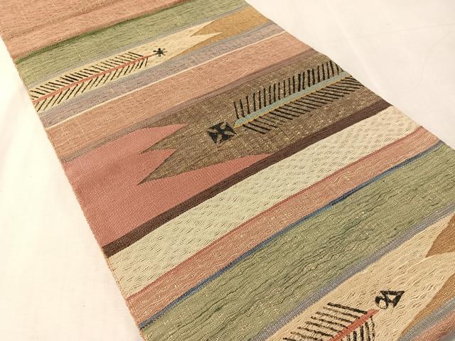 平和屋着物▽両面　六通柄袋帯　スリーシーズン　春夏秋　すくい織　幾何学文様　正絹　逸品　CABL6170vp