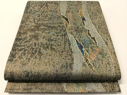 平和屋着物▽螺鈿作家　藤本隆士　六通柄袋帯　スリーシーズン　春夏秋　櫛織　道長文様　金銀糸　正絹　逸品　未使用　CABL6179vp