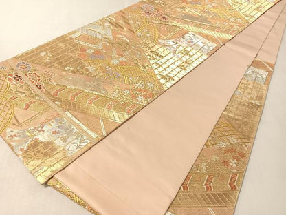 平和屋着物●西陣　服部織物謹製　六通柄袋帯　風景花文　金銀糸　正絹　逸品　CABL6196vp