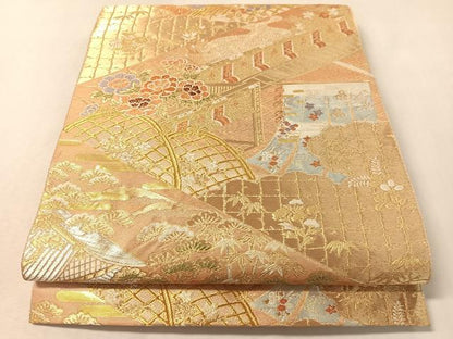 平和屋着物●西陣　服部織物謹製　六通柄袋帯　風景花文　金銀糸　正絹　逸品　CABL6196vp