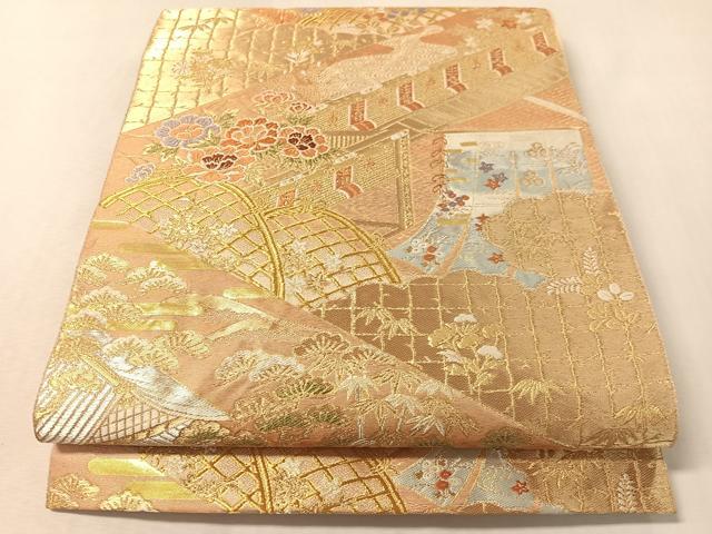 平和屋着物●西陣　服部織物謹製　六通柄袋帯　風景花文　金銀糸　正絹　逸品　CABL6196vp