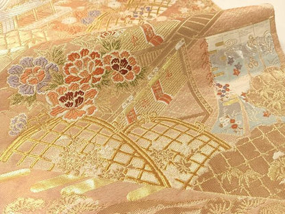 平和屋着物●西陣　服部織物謹製　六通柄袋帯　風景花文　金銀糸　正絹　逸品　CABL6196vp