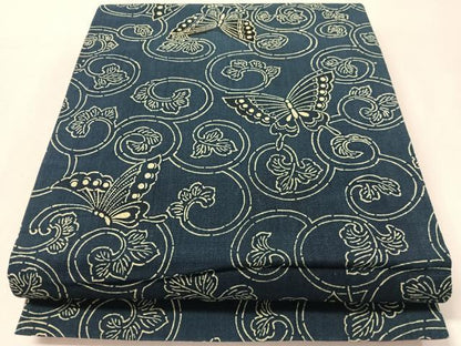 平和屋着物●全通柄　京袋帯　藍　型染め　舞蝶唐草文　綿　逸品　CABL6207vp