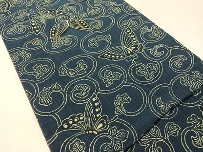 平和屋着物●全通柄　京袋帯　藍　型染め　舞蝶唐草文　綿　逸品　CABL6207vp