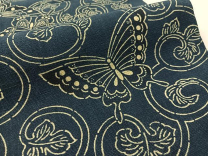 平和屋着物●全通柄　京袋帯　藍　型染め　舞蝶唐草文　綿　逸品　CABL6207vp