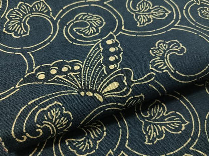 平和屋着物●全通柄　京袋帯　藍　型染め　舞蝶唐草文　綿　逸品　CABL6207vp