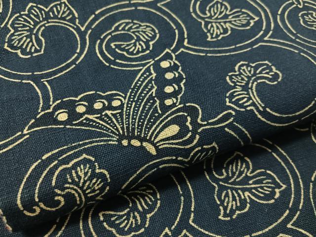 平和屋着物●全通柄　京袋帯　藍　型染め　舞蝶唐草文　綿　逸品　CABL6207vp
