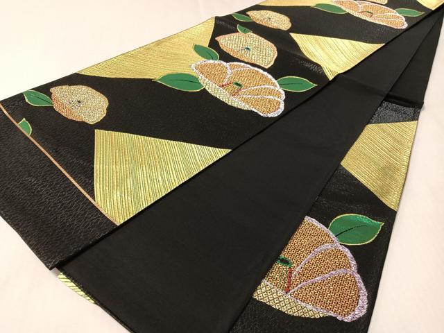 平和屋着物●西陣　六通柄袋帯　椿　黒地　金糸　証紙付き　正絹　逸品　未使用　CABL6209vp