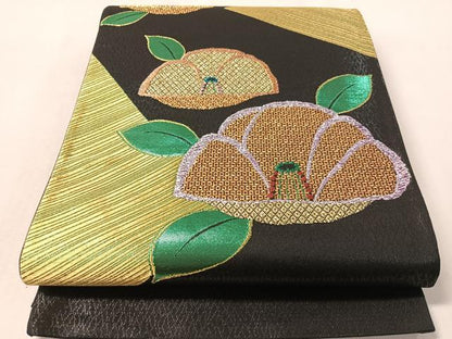平和屋着物●西陣　六通柄袋帯　椿　黒地　金糸　証紙付き　正絹　逸品　未使用　CABL6209vp