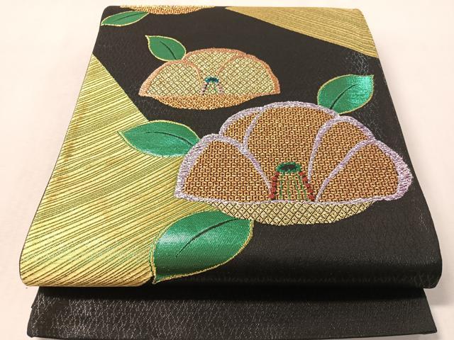 平和屋着物●西陣　六通柄袋帯　椿　黒地　金糸　証紙付き　正絹　逸品　未使用　CABL6209vp
