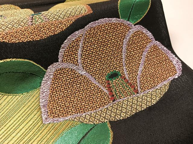 平和屋着物●西陣　六通柄袋帯　椿　黒地　金糸　証紙付き　正絹　逸品　未使用　CABL6209vp