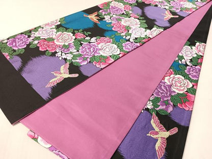 平和屋着物●六通柄袋帯　唐織　瑞鳥バラ園　黒地　金糸　正絹　逸品　未使用　CABL6212vp
