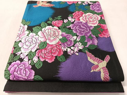 平和屋着物●六通柄袋帯　唐織　瑞鳥バラ園　黒地　金糸　正絹　逸品　未使用　CABL6212vp