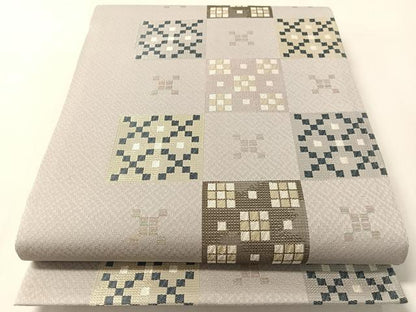 平和屋着物●六通柄袋帯　市松吉祥文　金糸　正絹　逸品　CABL6213vp