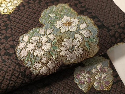 平和屋着物▽両面　六通柄袋帯　スリーシーズン　春夏秋　唐織　市松蔦の葉文　黒地　金糸　やまと誂製　正絹　逸品　CABL6226vp