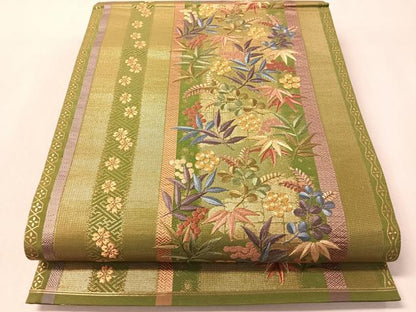 平和屋着物●西陣　京の名門　じゅらく謹製　六通柄袋帯　駒刺繍　葡萄笹花間道　金糸　正絹　逸品　未使用　CABL6246vp