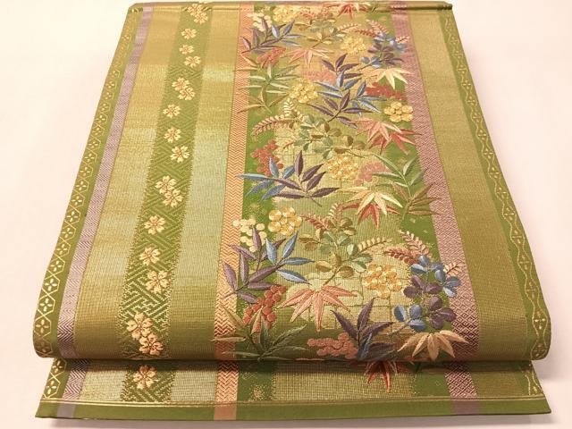 平和屋着物●西陣　京の名門　じゅらく謹製　六通柄袋帯　駒刺繍　葡萄笹花間道　金糸　正絹　逸品　未使用　CABL6246vp