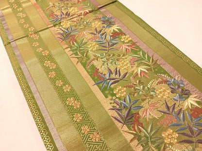 平和屋着物●西陣　京の名門　じゅらく謹製　六通柄袋帯　駒刺繍　葡萄笹花間道　金糸　正絹　逸品　未使用　CABL6246vp