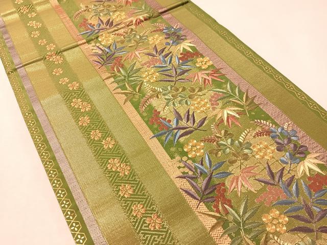 平和屋着物●西陣　京の名門　じゅらく謹製　六通柄袋帯　駒刺繍　葡萄笹花間道　金糸　正絹　逸品　未使用　CABL6246vp