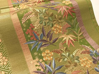 平和屋着物●西陣　京の名門　じゅらく謹製　六通柄袋帯　駒刺繍　葡萄笹花間道　金糸　正絹　逸品　未使用　CABL6246vp