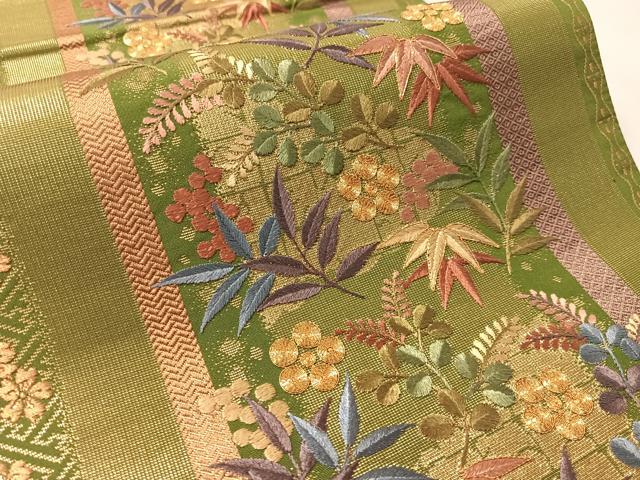 平和屋着物●西陣　京の名門　じゅらく謹製　六通柄袋帯　駒刺繍　葡萄笹花間道　金糸　正絹　逸品　未使用　CABL6246vp