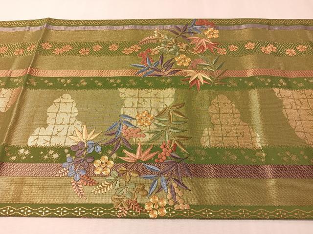 平和屋着物●西陣　京の名門　じゅらく謹製　六通柄袋帯　駒刺繍　葡萄笹花間道　金糸　正絹　逸品　未使用　CABL6246vp