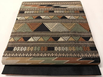 平和屋着物●両面　太鼓柄袋帯　紬地　横段吉祥文　正絹　逸品　CABL6268vp