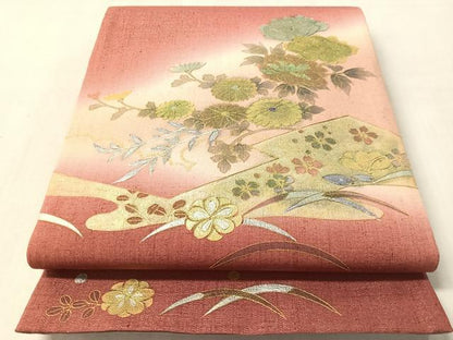 平和屋着物●太鼓柄袋帯 紬地 松皮菱花文 金彩 銀通し地 正絹 逸品 CABL6277vp