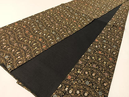 平和屋着物●全通柄袋帯 紹巴 よろけ縞花文 黒地 正絹 逸品 未使用 CABL6281vp