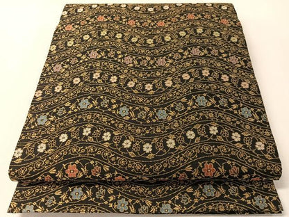 平和屋着物●全通柄袋帯 紹巴 よろけ縞花文 黒地 正絹 逸品 未使用 CABL6281vp