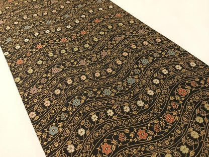 平和屋着物●全通柄袋帯 紹巴 よろけ縞花文 黒地 正絹 逸品 未使用 CABL6281vp
