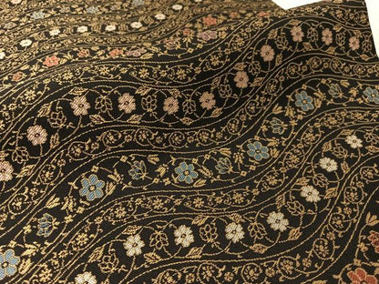 平和屋着物●全通柄袋帯 紹巴 よろけ縞花文 黒地 正絹 逸品 未使用 CABL6281vp