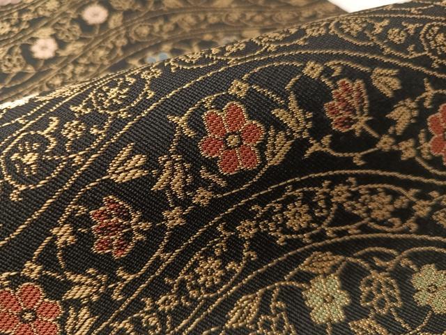 平和屋着物●全通柄袋帯 紹巴 よろけ縞花文 黒地 正絹 逸品 未使用 CABL6281vp