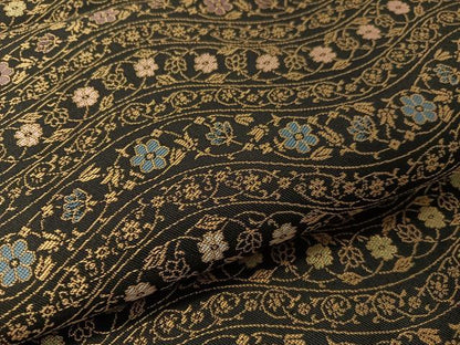 平和屋着物●全通柄袋帯 紹巴 よろけ縞花文 黒地 正絹 逸品 未使用 CABL6281vp