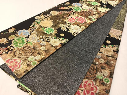 平和屋着物●六通柄袋帯 舞花文 黒地 金銀糸 正絹 逸品 CABL6285vp
