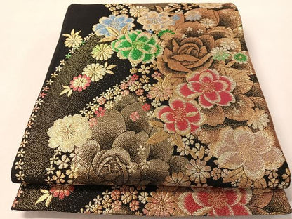 平和屋着物●六通柄袋帯 舞花文 黒地 金銀糸 正絹 逸品 CABL6285vp