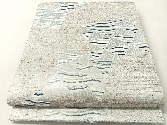 平和屋着物●六通柄袋帯　ぜんまいつむぎ織　藍染苑　立波色紙文　銀糸　正絹　逸品　CABL6288vp