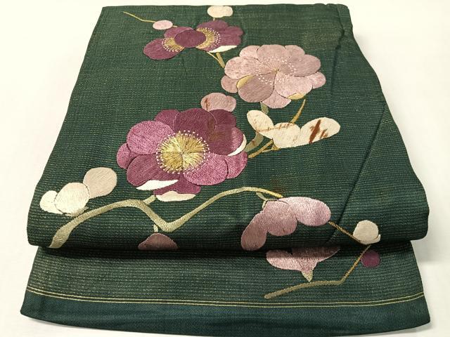 平和屋着物▼アンティーク　大正ロマン　九寸開き名古屋帯　総手刺繍　枝梅文　金糸　正絹　逸品　CABL6307vp