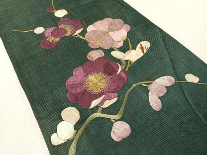 平和屋着物▼アンティーク　大正ロマン　九寸開き名古屋帯　総手刺繍　枝梅文　金糸　正絹　逸品　CABL6307vp