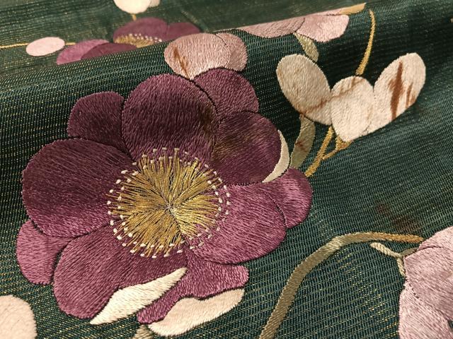 平和屋着物▼アンティーク　大正ロマン　九寸開き名古屋帯　総手刺繍　枝梅文　金糸　正絹　逸品　CABL6307vp