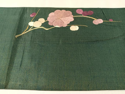平和屋着物▼アンティーク　大正ロマン　九寸開き名古屋帯　総手刺繍　枝梅文　金糸　正絹　逸品　CABL6307vp