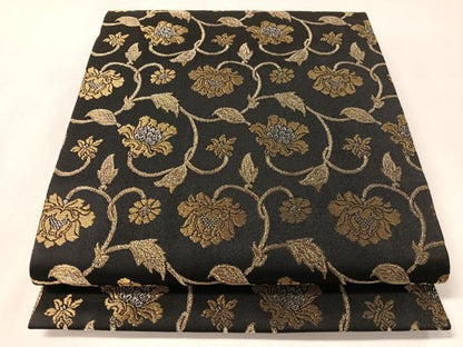 平和屋着物●九寸開き名古屋帯　牡丹唐草文　黒地　金銀糸　正絹　逸品　CABL6310vp