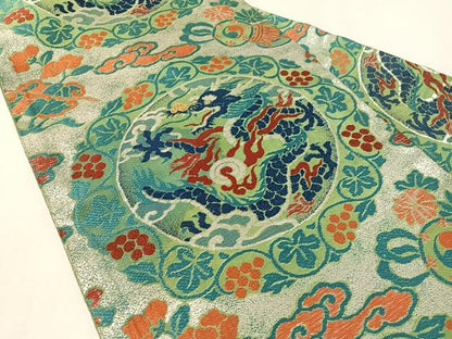平和屋着物●アンティーク　大正ロマン　九寸名古屋帯　雲龍　金銀糸　正絹　逸品　CABL6313vp