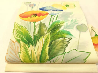 平和屋着物●塩瀬 九寸名古屋帯 手描き 草花文 正絹 逸品 CABL6317vp