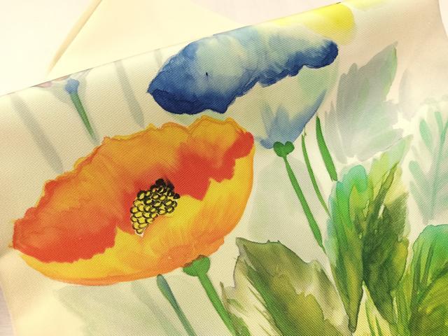 平和屋着物●塩瀬 九寸名古屋帯 手描き 草花文 正絹 逸品 CABL6317vp